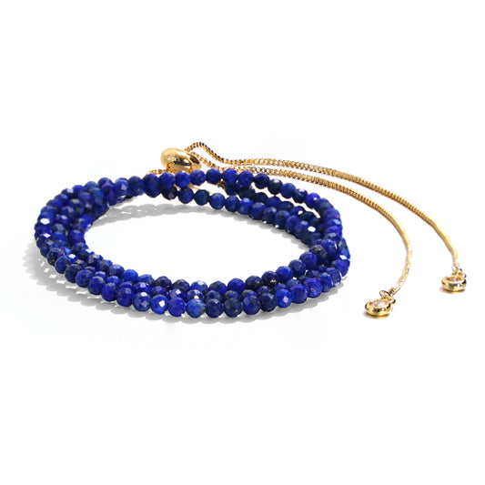 4mm Three Layer Lapis Lazuli Bracelet, 14K Gold Chain