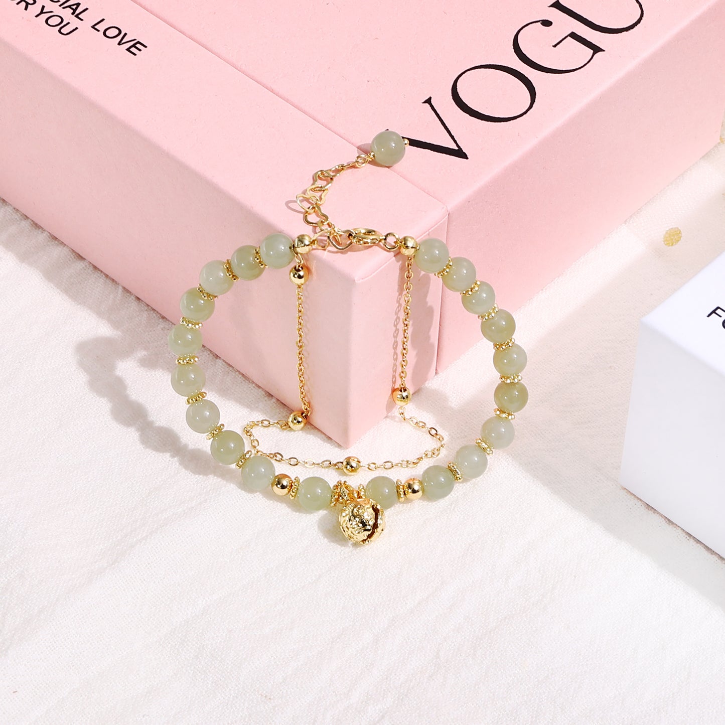 6mm Jade Double Bracelet, 14K Gold Chain