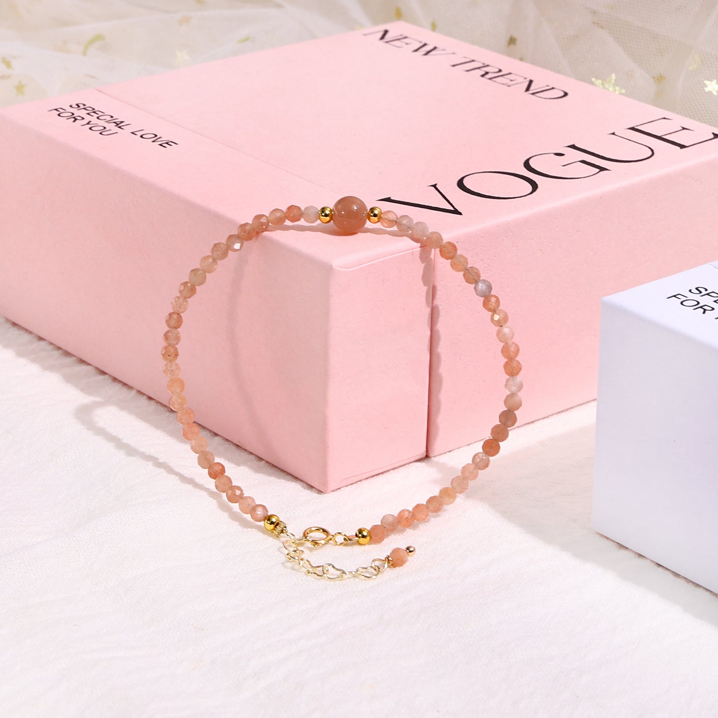 4mm Sunstone Bracelet, 14K Gold Chain