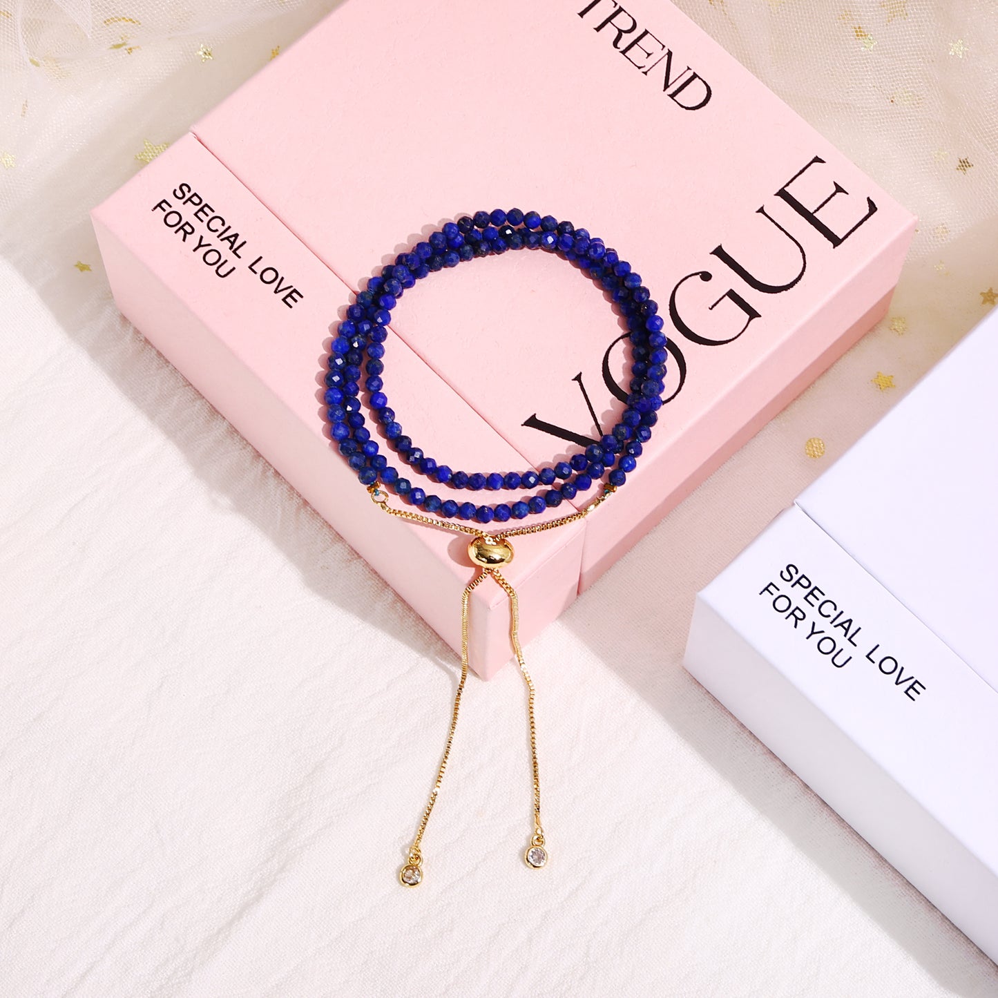 4mm Three Layer Lapis Lazuli Bracelet, 14K Gold Chain