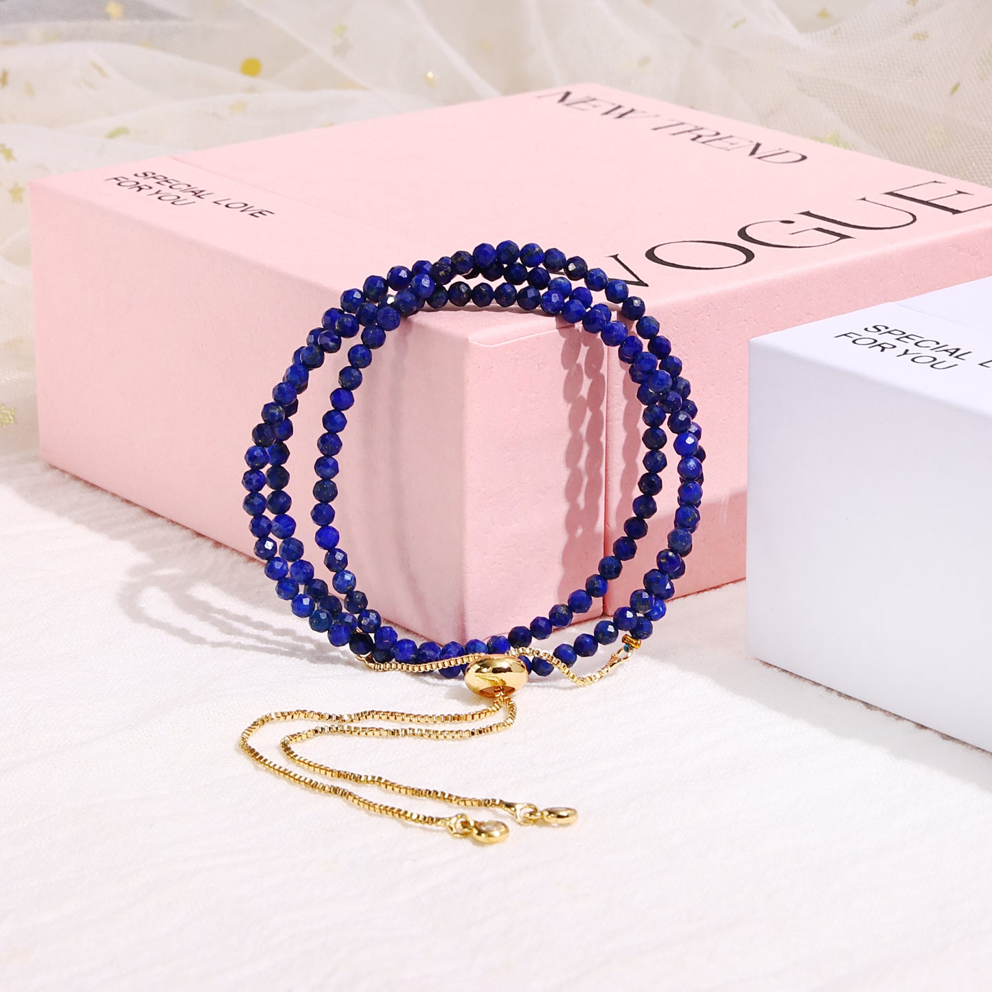 4mm Three Layer Lapis Lazuli Bracelet, 14K Gold Chain