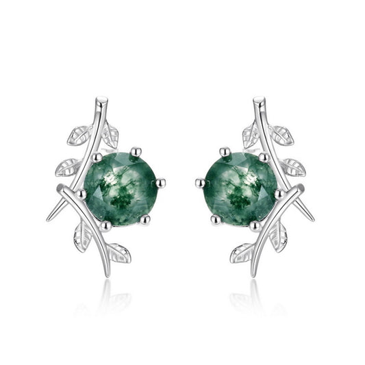 925 Silver Moss Agate Stud Earrings