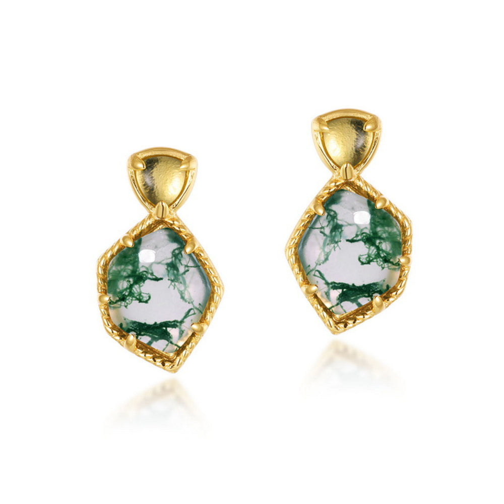 14K Gold Moss Agate Stud Earrings