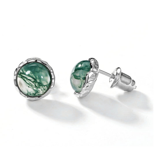 925 Silver Moss Agate Stud Earrings