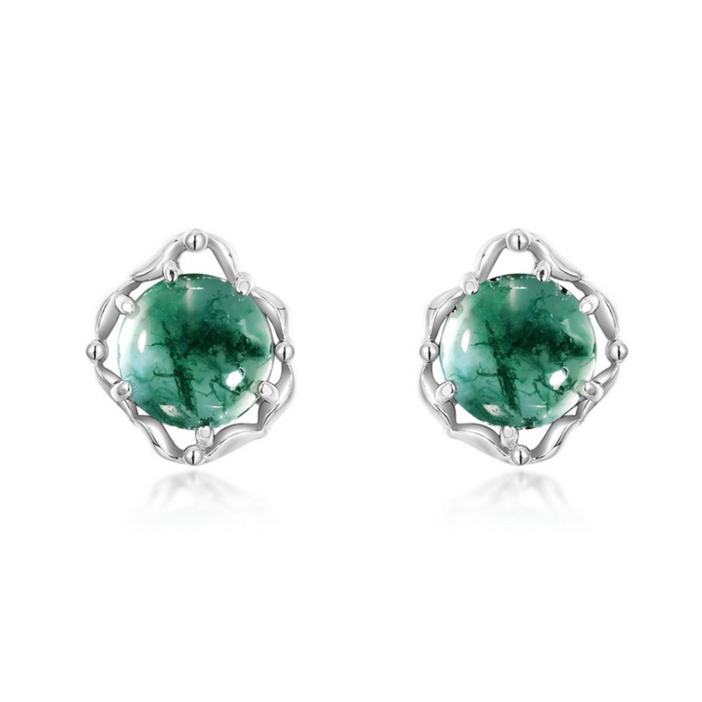 925 Silver Moss Agate Stud Earrings