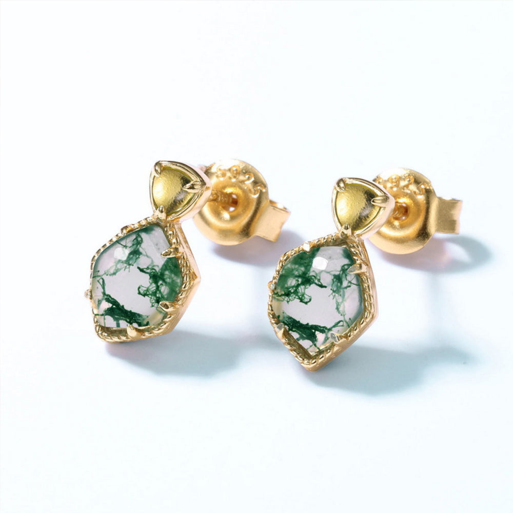 14K Gold Moss Agate Stud Earrings